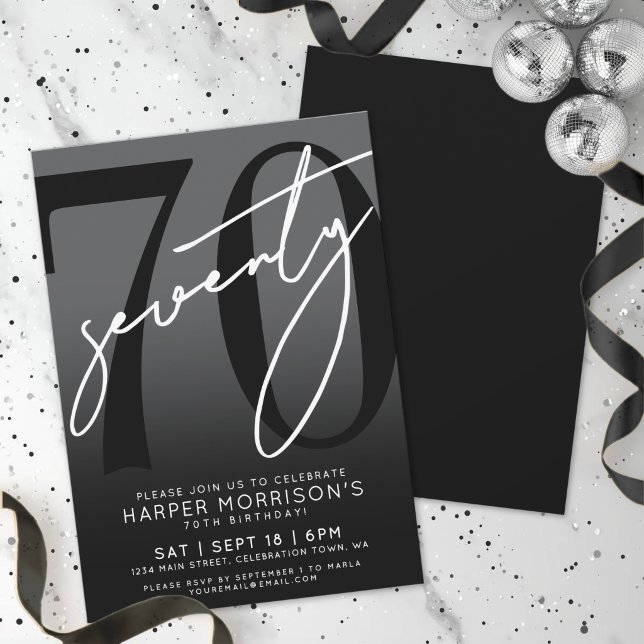 Elegante Black 70. Geburtstagsparty Einladung (Elegant Black 70th Birthday Party Invitation)