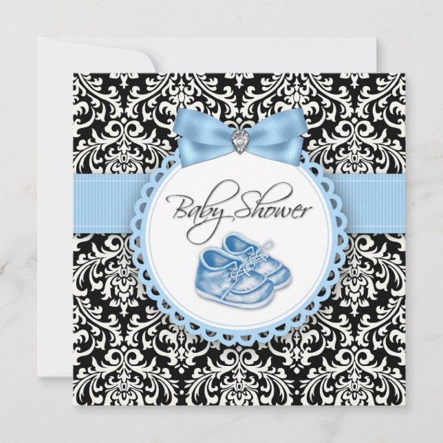 Elegante Black and Blue Damask Baby Dusche Einladung (Vorderseite)