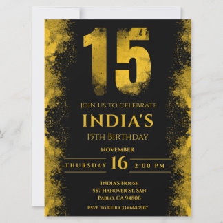 Elegante Black and Gold 15. Geburtstagsparty Einladung