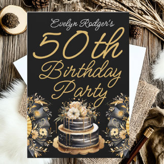 Elegante Black and Gold 50. Geburtstagsparty Einladung