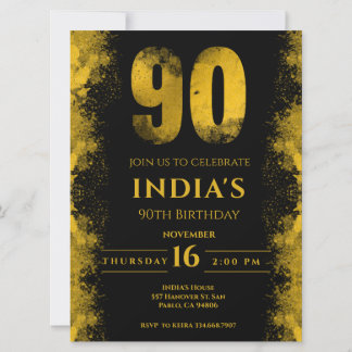 Elegante Black and Gold 90. Geburtstagsparty Einladung