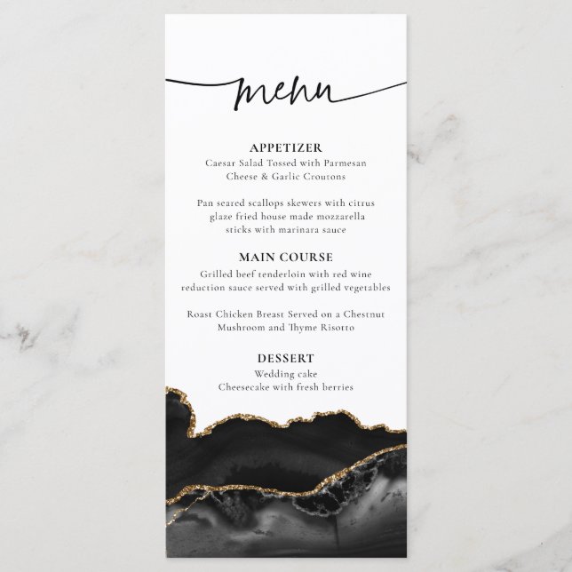 Elegante Black and Gold Agate Wedding Menu Card Menükarte (Vorderseite)