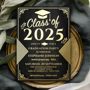 Elegante Black and Gold Art Deco Graduation Party Folieneinladung
