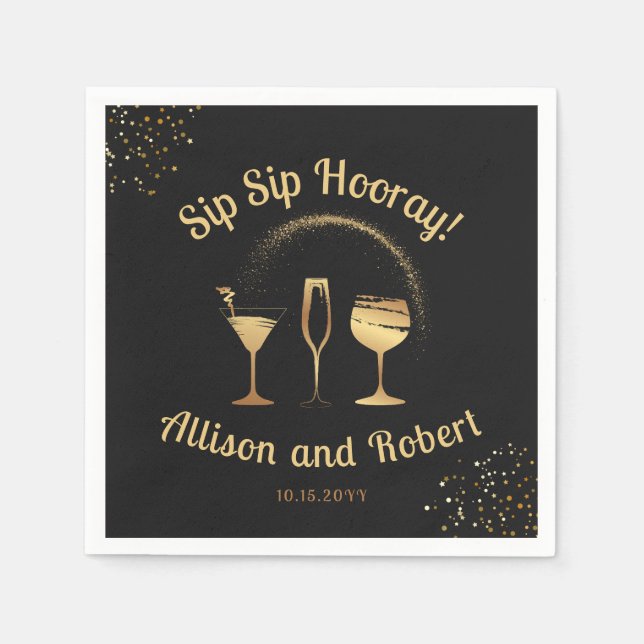 Elegante Black and Gold Cheers Wedding Probe Serviette (Vorderseite)