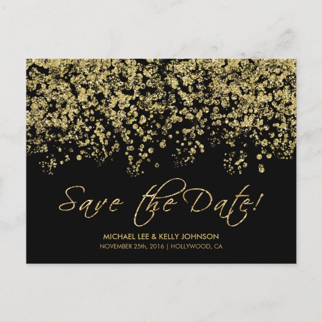 Elegante Black and Gold Confetti - Save the Date Ankündigungspostkarte (Vorderseite)