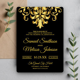 Elegante Black and Gold Damask Einladung