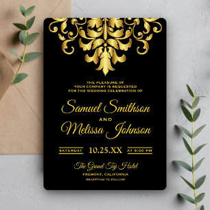 Elegante Black and Gold Damask Einladung