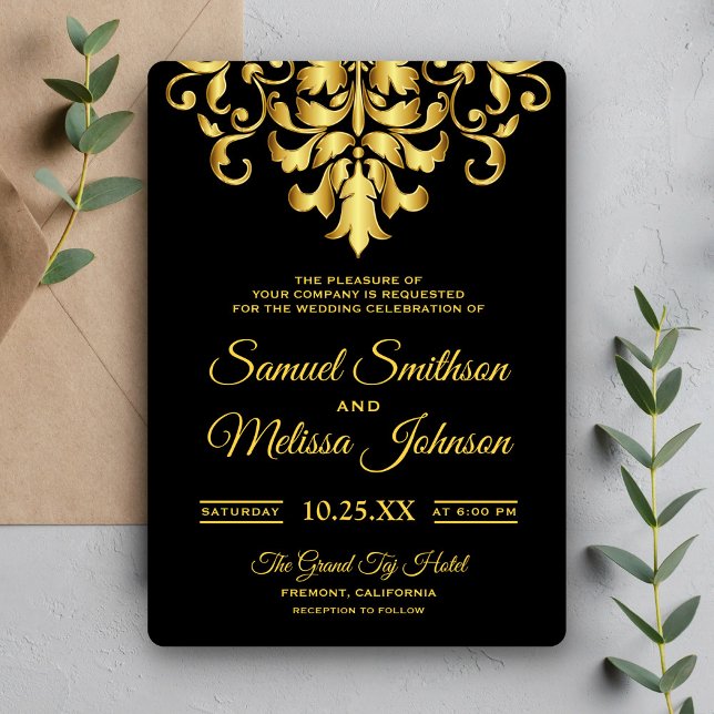 Elegante Black and Gold Damask Einladung (Von Creator hochgeladen)
