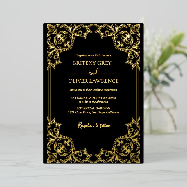 Elegante Black and Gold Damask Hochzeit Folieneinladung (Stehend vorne)