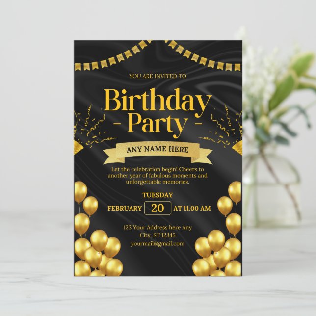 Elegante Black and Gold Einladung zum Geburtstag | (Stehend Vorderseite)