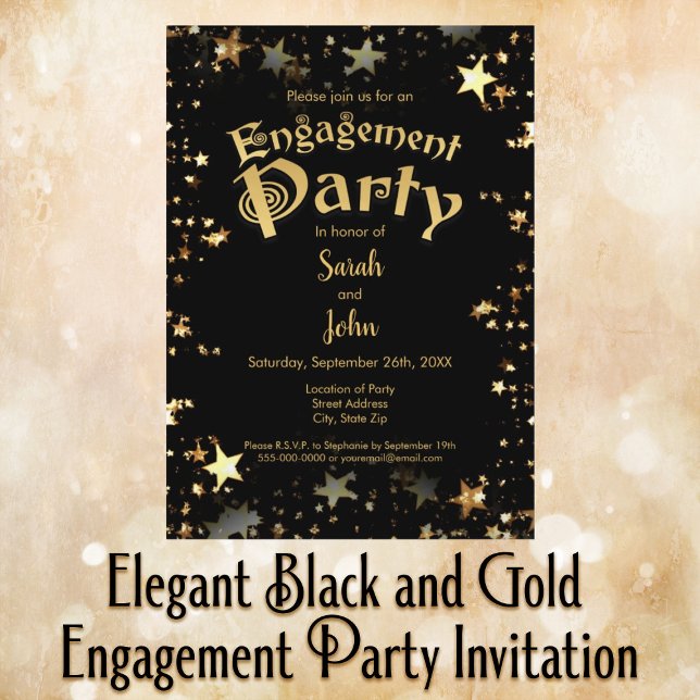 Elegante Black and Gold Engagement Party Einladung (Von Creator hochgeladen)
