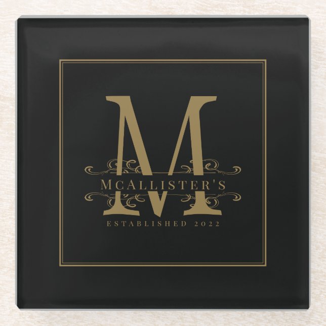 Elegante Black and Gold Family Monogram Class   Glasuntersetzer (Vorderseite)