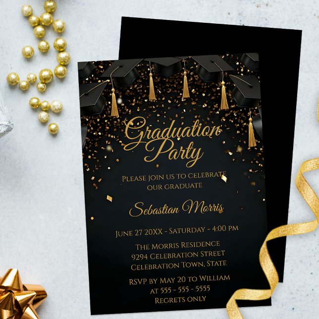Elegante Black and Gold Graduation Party Einladung (Von Creator hochgeladen)