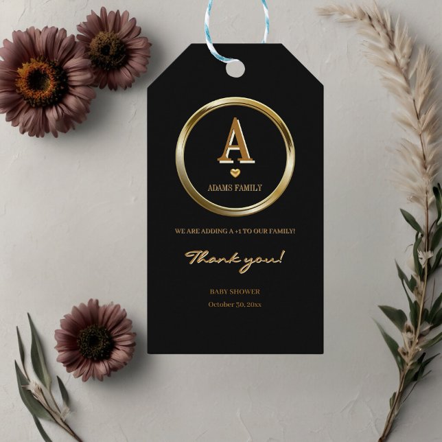 Elegante Black and Gold Monogram Family Baby Dusch Geschenkanhänger (Von Creator hochgeladen)