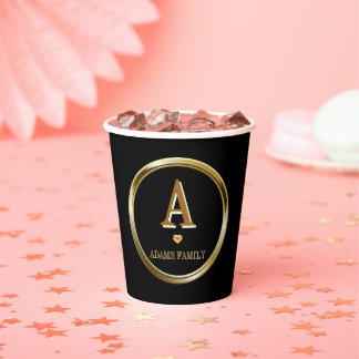 Elegante Black and Gold Monogram Family Baby Dusch Pappbecher