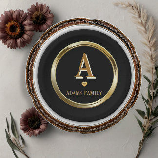 Elegante Black and Gold Monogram Family Baby Dusch Pappteller