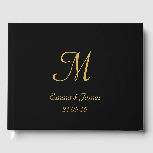 Elegante Black and Gold Monogram Script Hochzeit Gästebuch (Vorderseite)