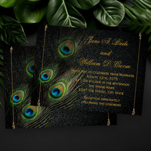 Elegante Black and Gold Peacock Wedding Einladung