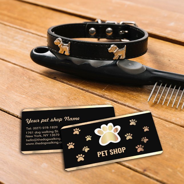 Elegante Black and Gold Pet Groomer Business Card Visitenkarte (Von Creator hochgeladen)