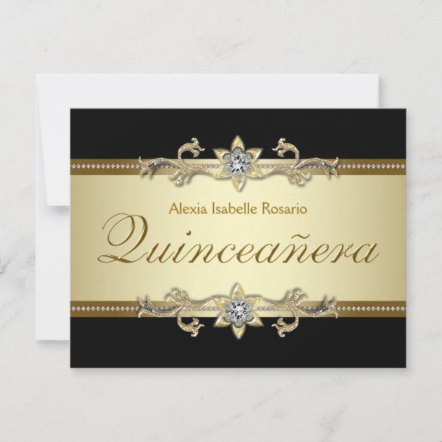 Elegante Black and Gold Quinceanera Einladung (Vorderseite)