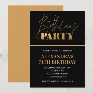 Elegante Black and Gold Script 74. Geburtstagspart Einladung