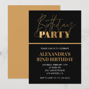 Elegante Black and Gold Script 92. Geburtstagspart Einladung