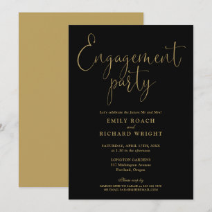 Elegante Black and Gold Script Engagement Party Einladung