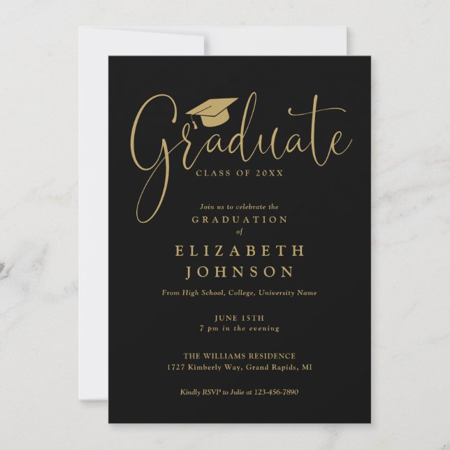 Elegante Black and Gold Script Graduation Party Einladung (Vorderseite)