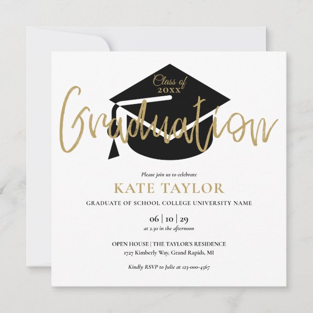 Elegante Black and Gold Script Graduation Party Einladung (Vorderseite)