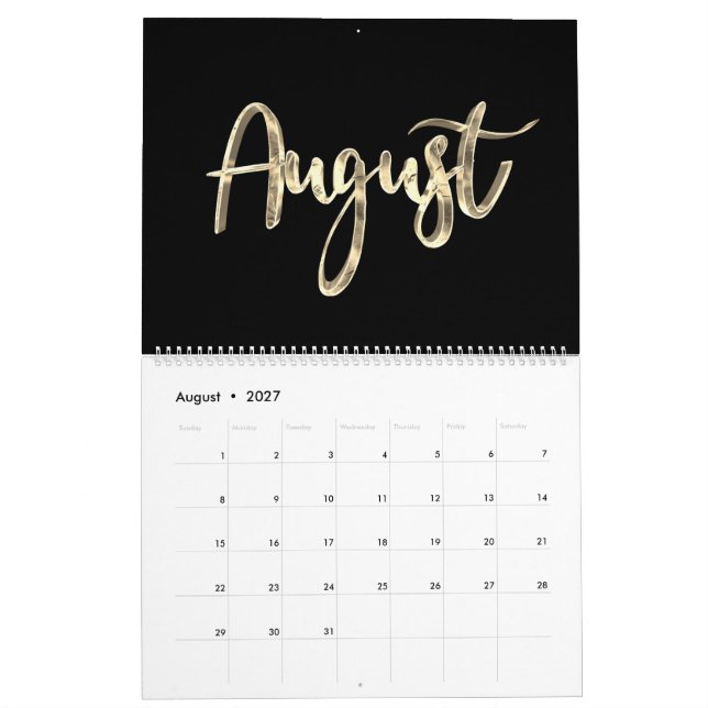 Elegante Black and Gold Script Typografie Moderne Kalender (Aug 2027)
