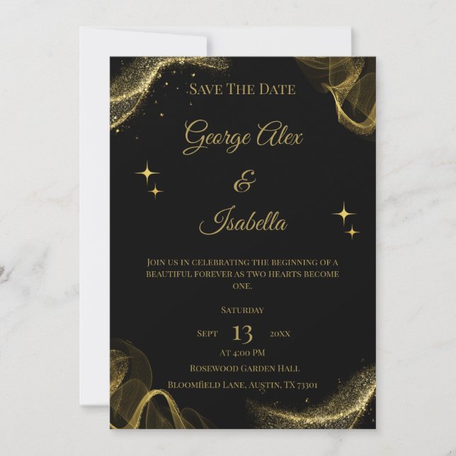 Elegante Black and Gold Sparkle Save the Date Kart (Vorderseite)