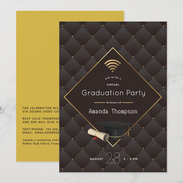Elegante Black and Gold Virtual Graduation Party Einladung (Vorne/Hinten)
