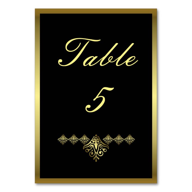 Elegante Black and Gold Wedding Number 5 Tischnummer (Vorderseite)