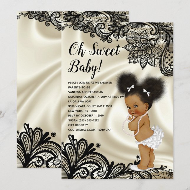 Elegante Black and Ivory Baby Shower Afro Puffs Einladung (Vorne/Hinten)