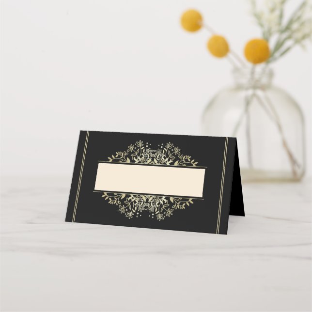 Elegante Black and Linen Gold Wedding Platzkarte (Vorderseite)