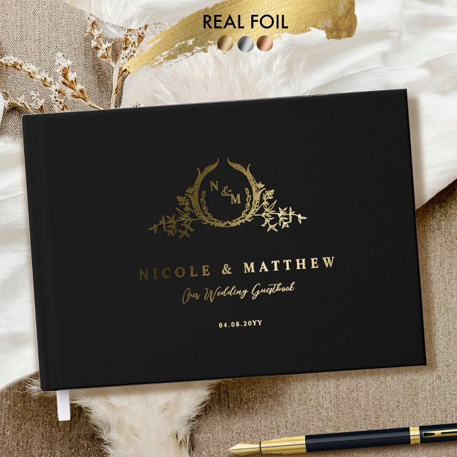 Elegante Black and Real Foil Monogram Wedding Gästebuch (Von Creator hochgeladen)