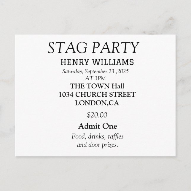 Elegante Black and White Stag Party Einladung Postkarte (Vorderseite)