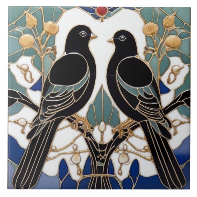 Elegante Black Birds Art Nouveau Bird Kunst, Dicht Fliese (Vorderseite)