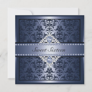 Elegante Black & Blue Damask Sweet16 Einladung