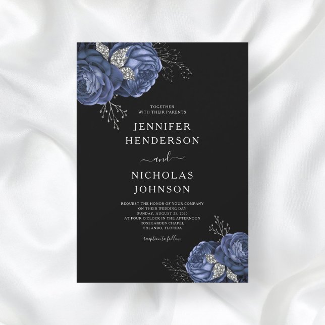 Elegante Black Blue Peonies Wedding Einladung (Von Creator hochgeladen)