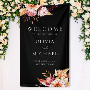 Elegante Black Boho Chic Floral Wedding Willkommen Banner