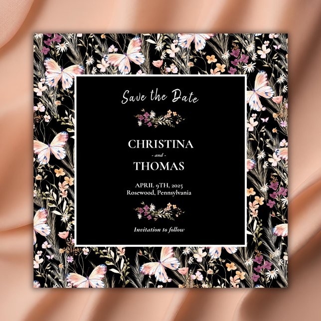 Elegante Black Boho Wildblumen Save the Date (Von Creator hochgeladen)