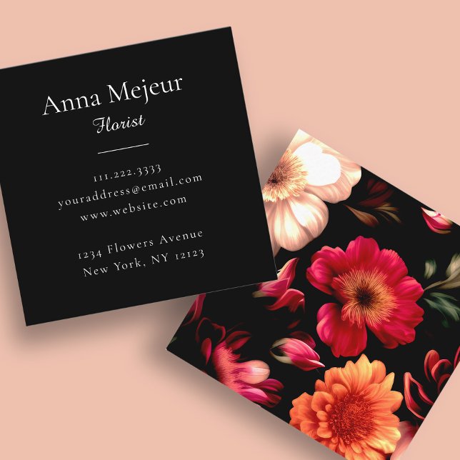 Elegante Black Botanical Florist Business Card Quadratische Visitenkarte (Von Creator hochgeladen)
