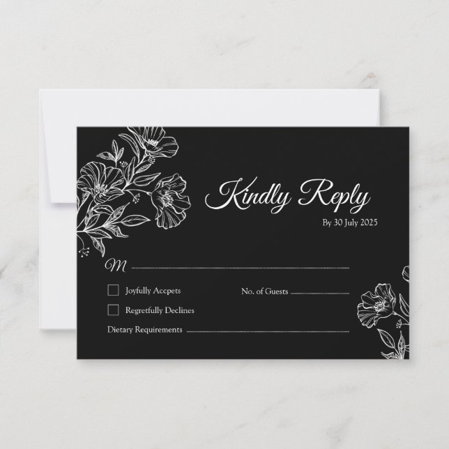 Elegante Black Botanical Line Art Wedding RSVP Kar Dankeskarte (Vorderseite)