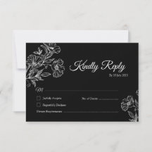 Elegante Black Botanical Line Art Wedding RSVP Kar