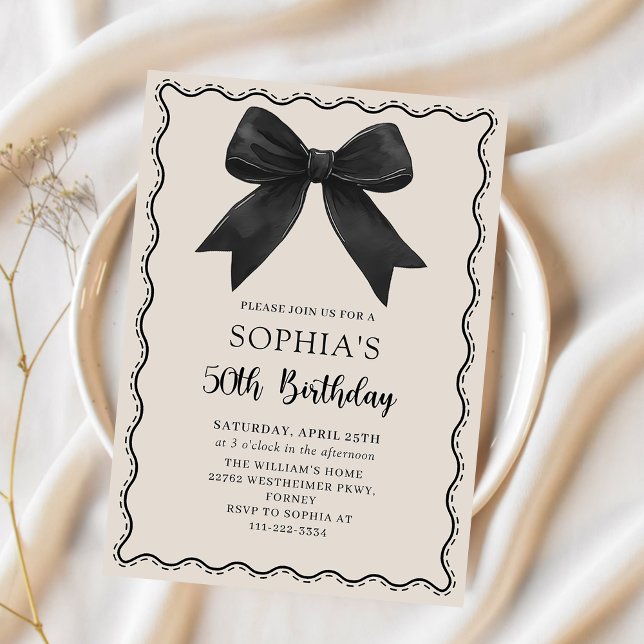 Elegante Black Bow 50. Geburtstagsparty Einladung (Von Creator hochgeladen)