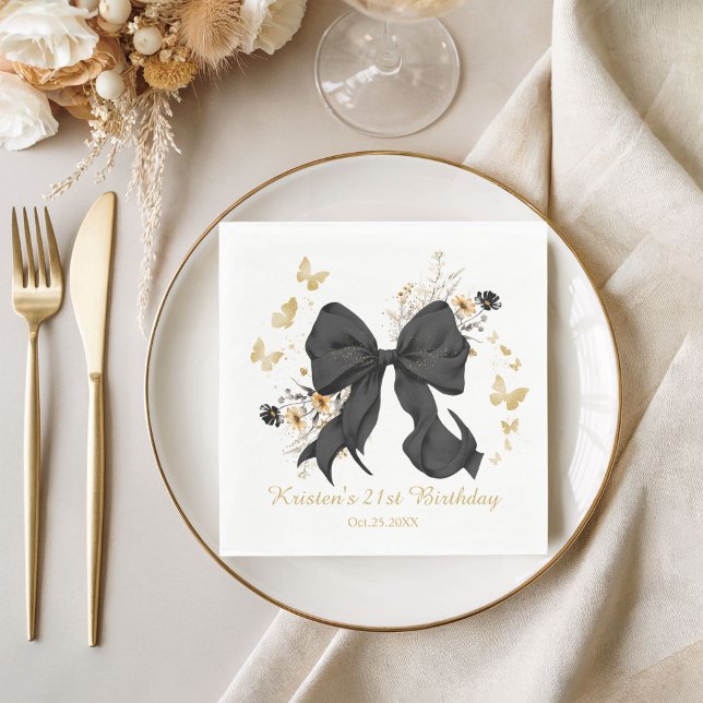 Elegante Black Bow Coquette Wildblumen Serviette (Elegant Black Gold Coquette Bow Napkins)