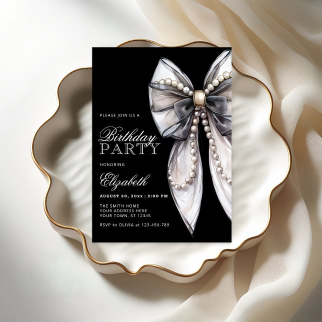 Elegante Black Bow und Pearl Birthday Party Einladung (Von Creator hochgeladen)