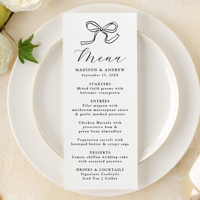 Elegante Black Bow Wedding Menükarte (Von Creator hochgeladen)