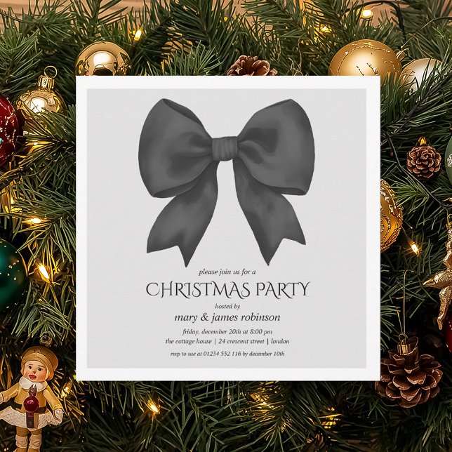 Elegante Black Bow Weihnachtsfeier Einladung (Elegant Black Bow Christmas Holiday Party Invitation)